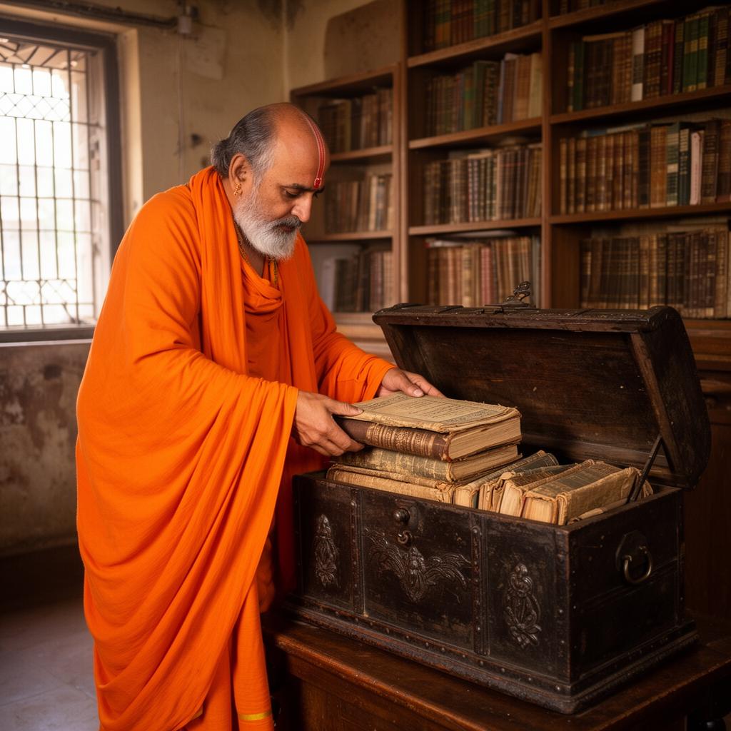 A hereditary priest opening an ancient family bahi register
