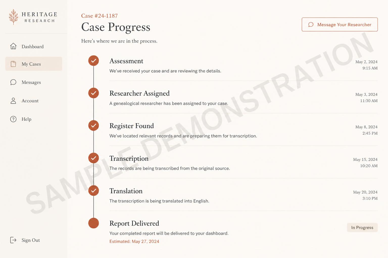 6. Plain-language case timeline — sample demonstration
